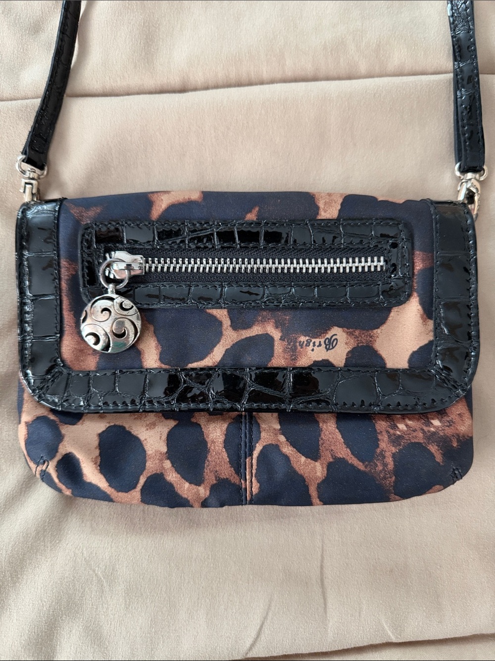 Brighton Leopard Print Crossbody Bag with Black Patent Trim